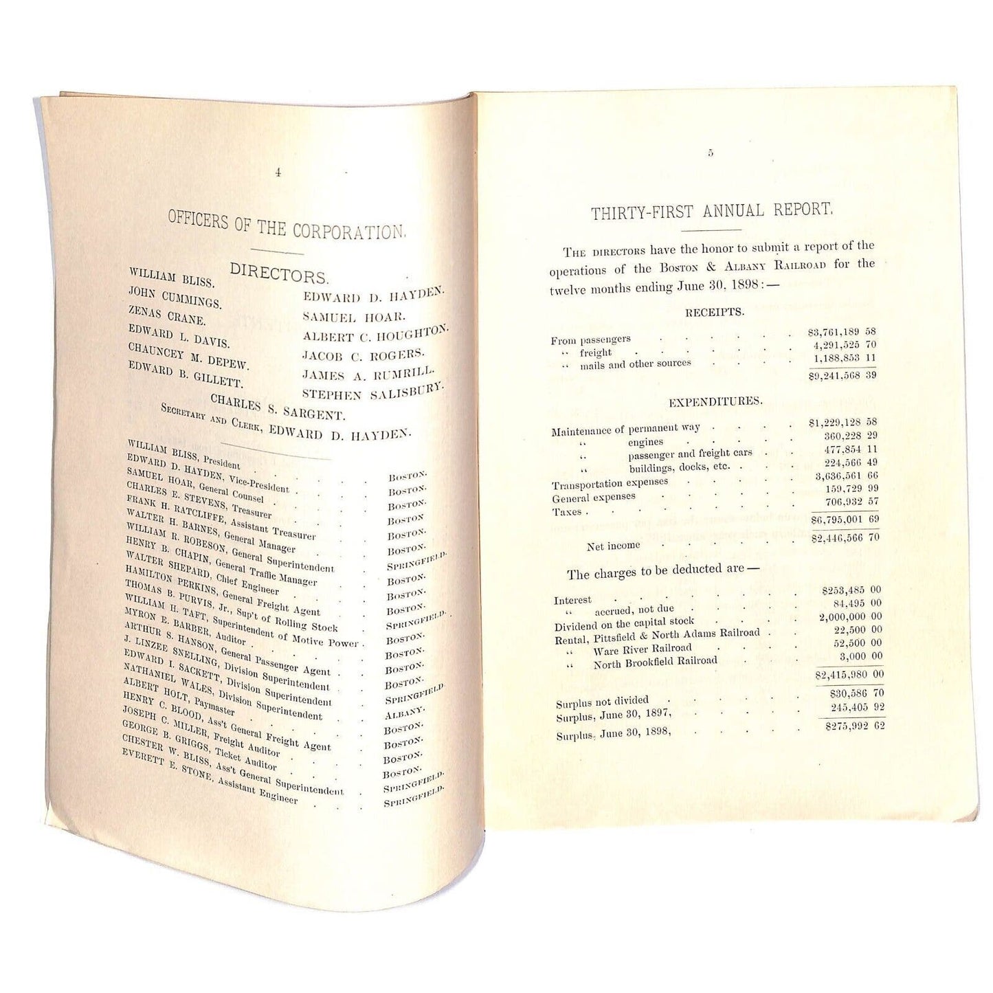 1898 Boston & Albany Railroad Annual Report 16pp - Scarce