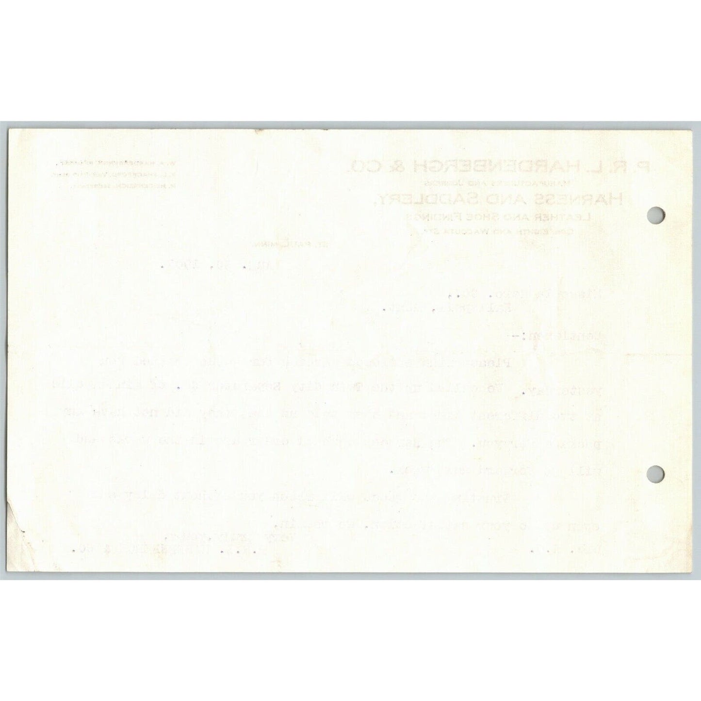 1907 P.R.L. Hardenbergh & Co. Harness & Saddlery, St. Paul, MINN Note RE: Inv.