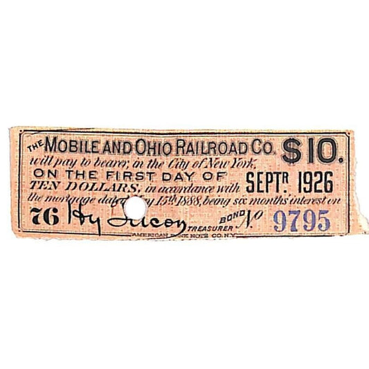 1888 Mobile and Ohio Railroad Small $10 Bond Certificate Coupon Due 1926 #9795