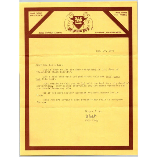 King Animated Park Walt King Circus Letterhead Stationary 1978 Scarce