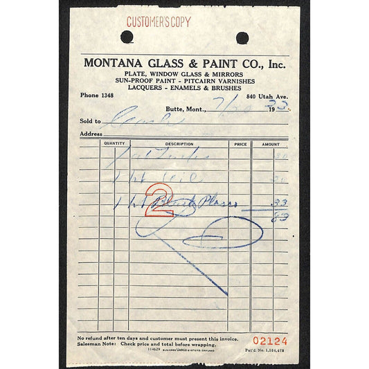 Montana Glass & Paint Co. Butte Montana 1933 Billhead Letterhead - Wilson Drug