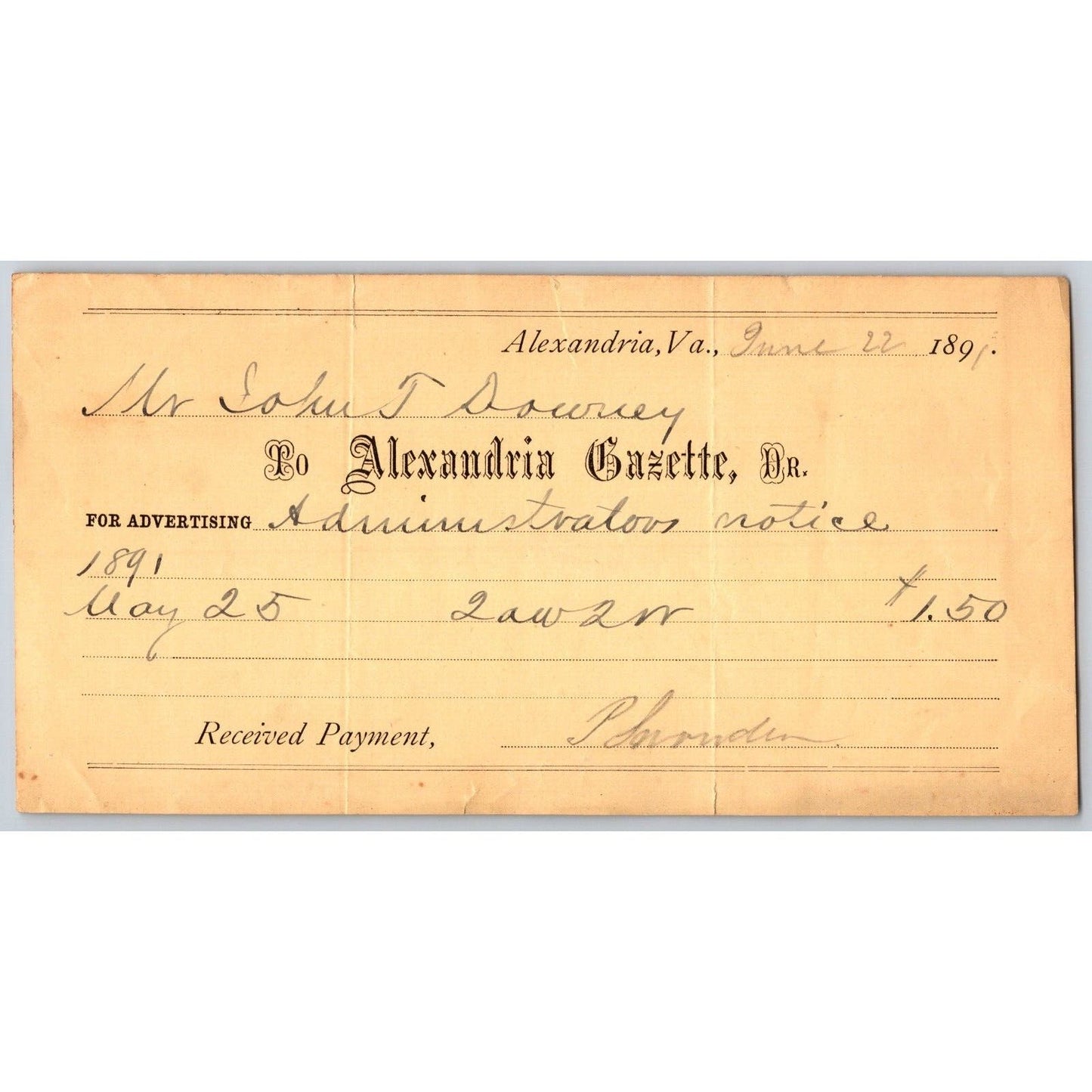 Alexandria, VA "Alexandria Gazette" 1891 Payment Receipt - Scarce