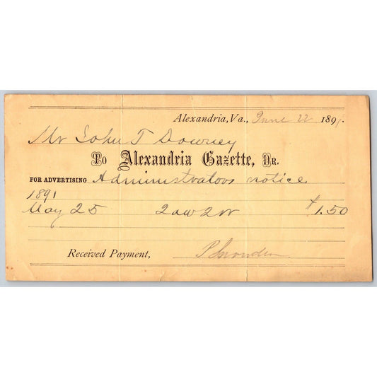 Alexandria, VA "Alexandria Gazette" 1891 Payment Receipt - Scarce