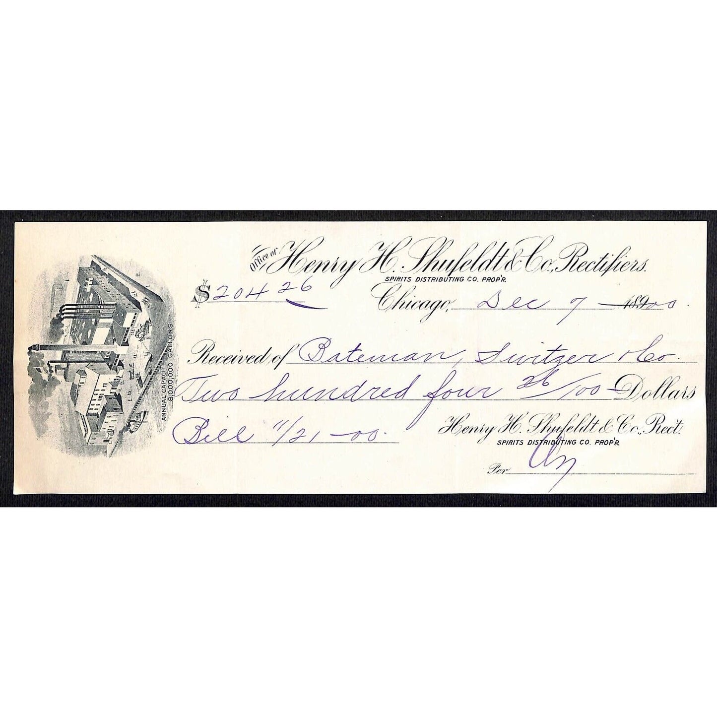 Chicago Henry H. Shufeldt & Co. Rectifiers (Liquor / Distillery) Bank Check 1900