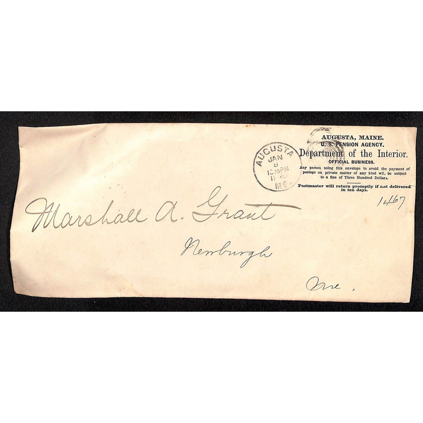 Augusta, ME 1890 U.S. Pension Agency Dept. of the Interior Cover Only