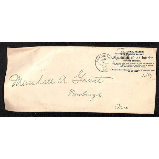 Augusta, ME 1890 U.S. Pension Agency Dept. of the Interior Cover Only