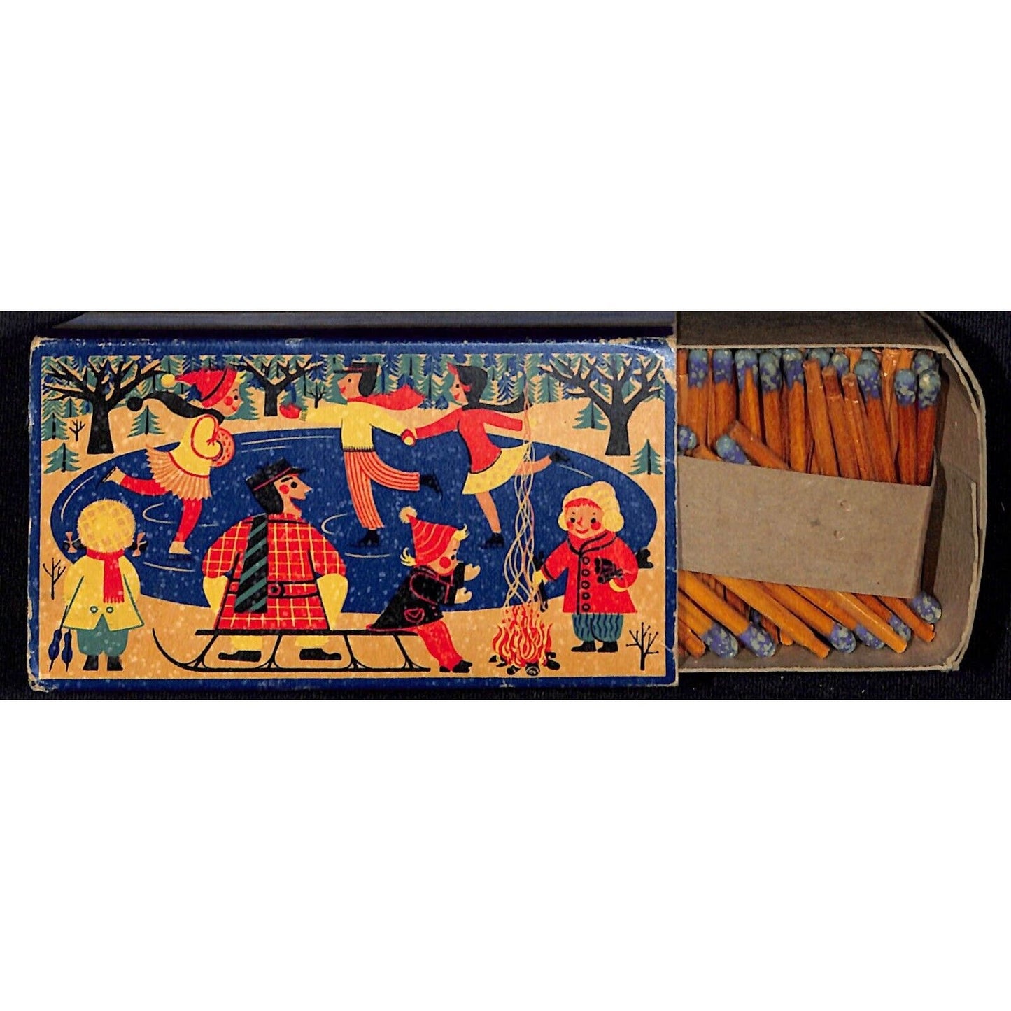 Ohio Blue Tip Matches 1955 Lg. "Winter Fun" Matchbox Matchbook Pond Ice Skating