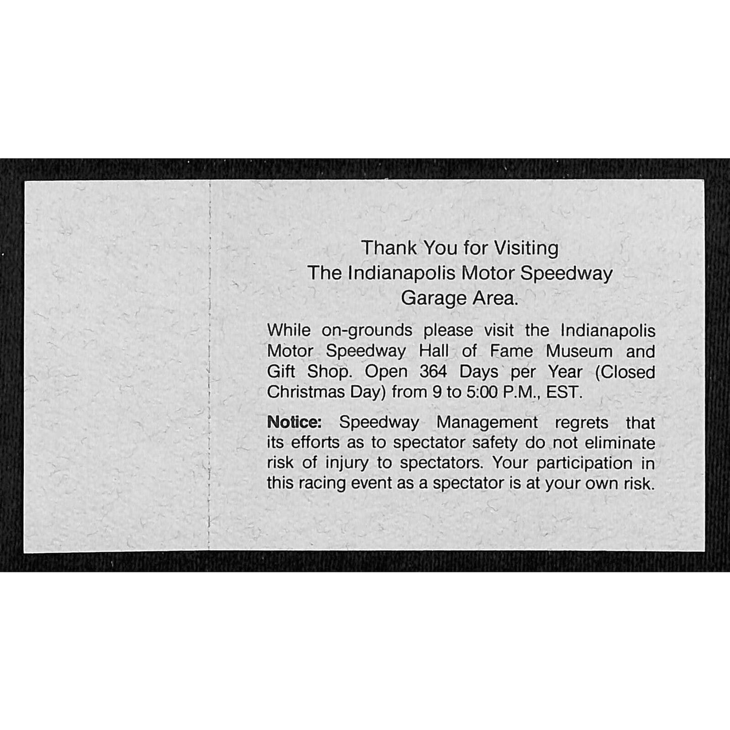 Indianapolis Motor Speedway Garage Area Tours Unused Ticket 1995 0843 VGC Scarce