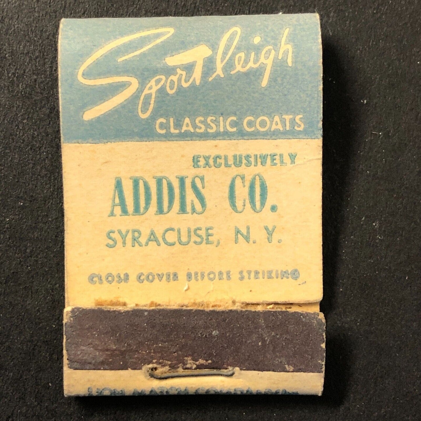 Addis Co. Syracuse, NY Sport Leigh Coats Midget Matchbook Cover c1934-43