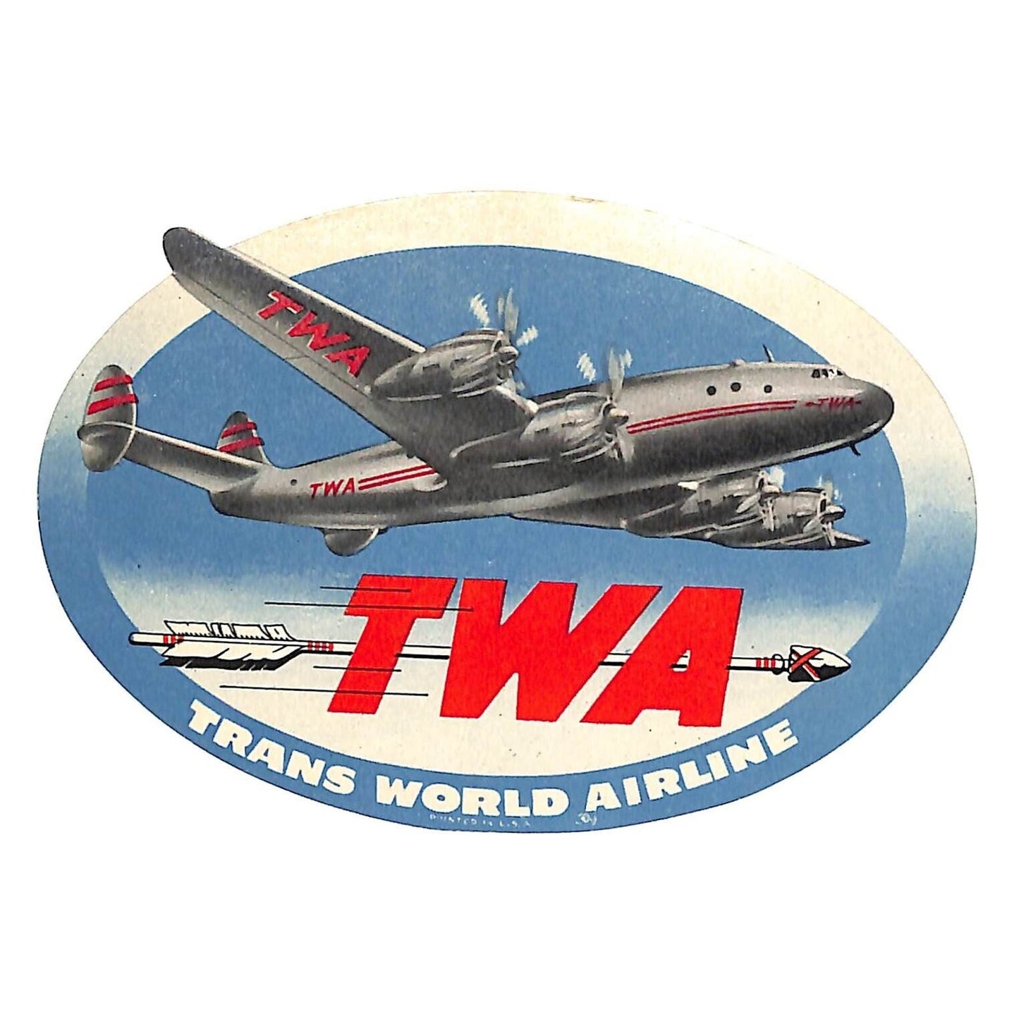 TWA Trans World Airline Luggage / Package Label w/ Arrow & Prop Plane
