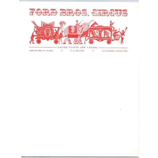 Ford Bros Circus Letterhead c1983 Wagons Cut & Shoot, TX Scarce
