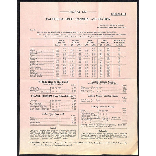 1907 California Fruit Canners Association San Francisco Price List Sales Sheet