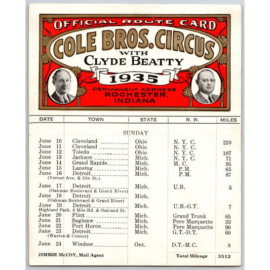 1935 Cole Bros with Clyde Beatty Circus Route Card w/ OH, MI, Ontario Stops