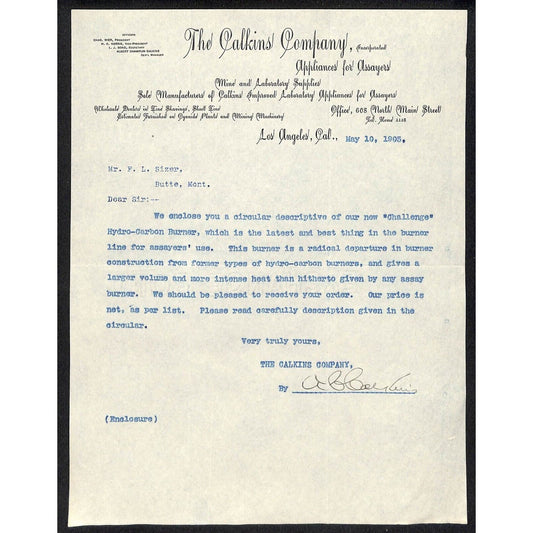 Los Angeles The Calkins Company "Appliances for Assayers" 1903 Letterhead