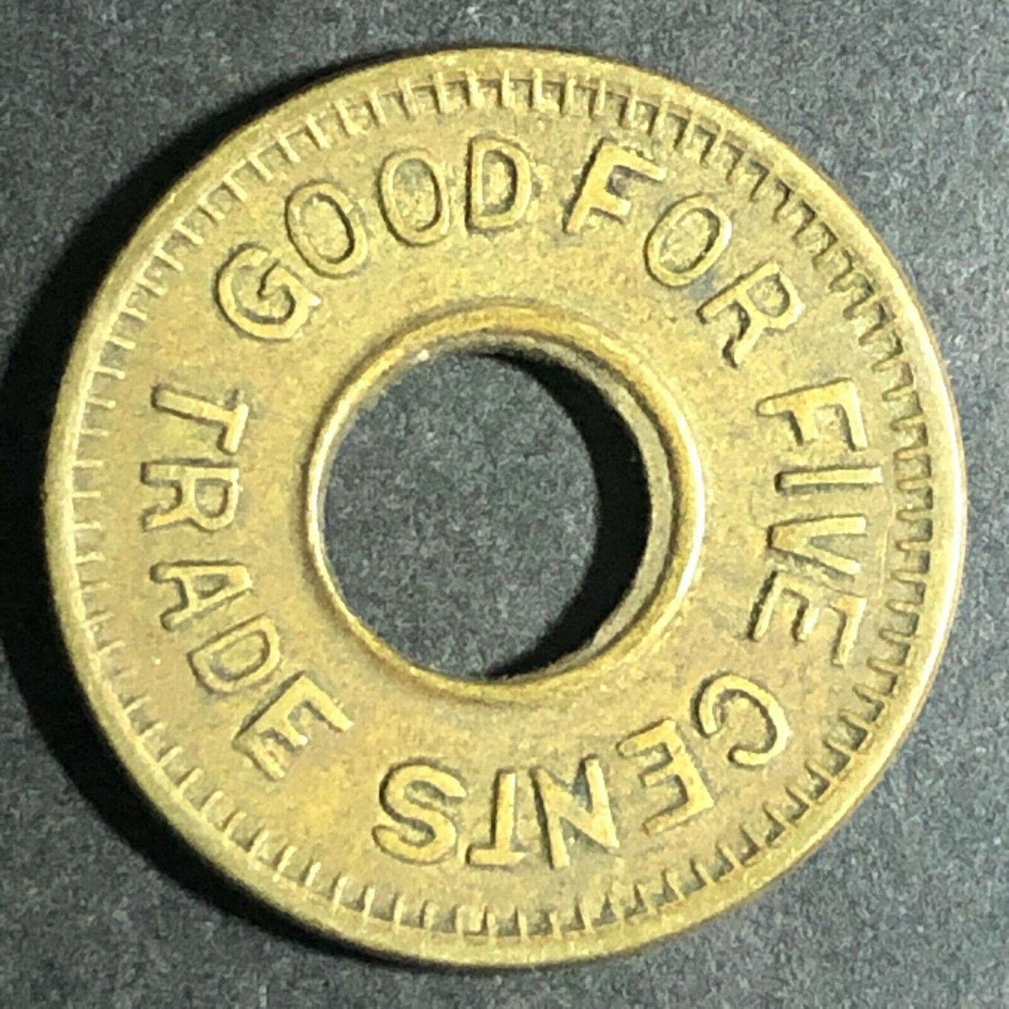 Vintage 21mm Brass "Liberty Bell Good For 5c Trade" ---- Donut Token