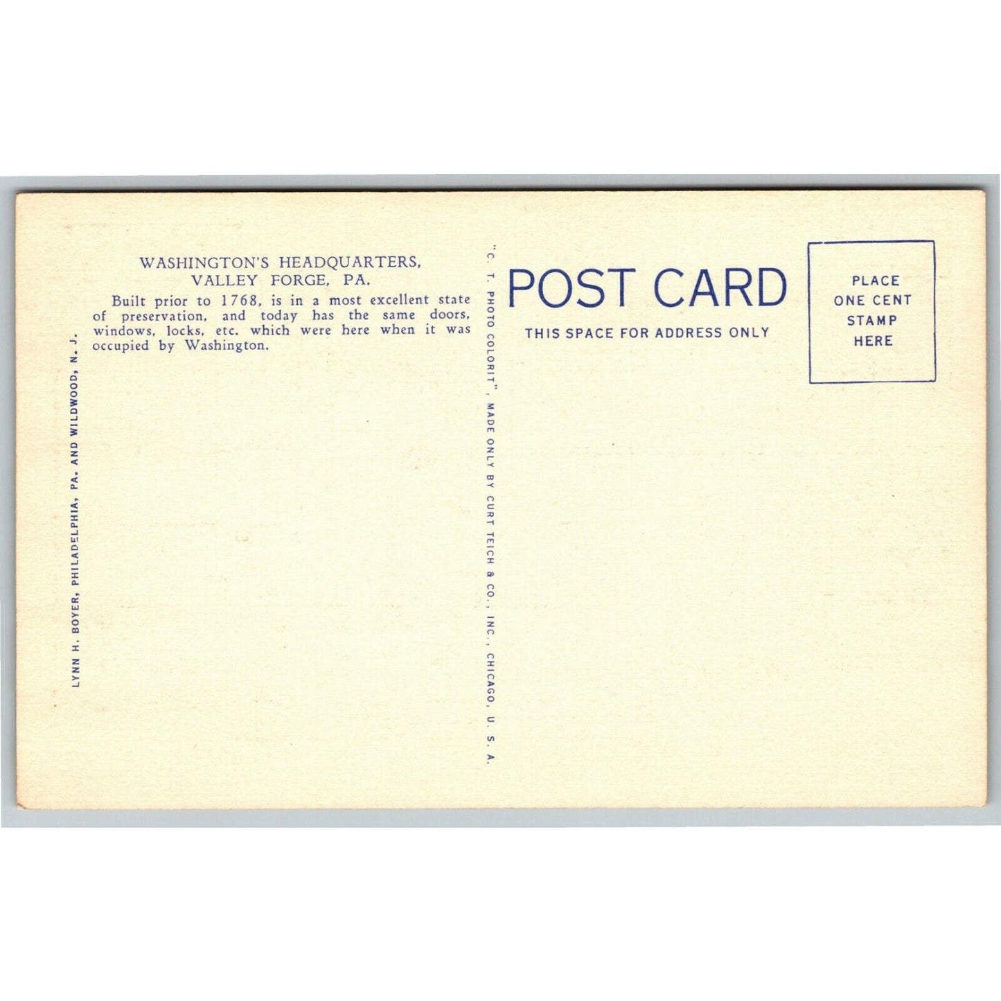 Vintage Linen Postcard Washington's Headquarters, Valley Forge, PA UNP VGC