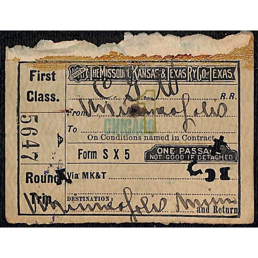 1912 Missouri, Kansas & Texas Railway Co of Texas Ticket Minneapolis #5647