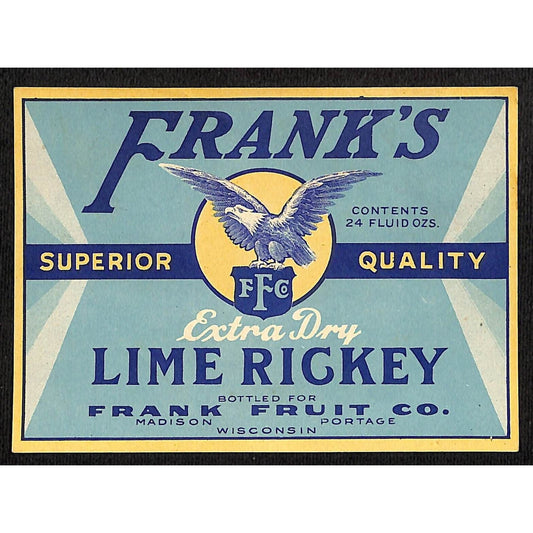 Frank's Lime Rickey Soda Paper Label Frank Fruit Wisconsin c1930's-40's