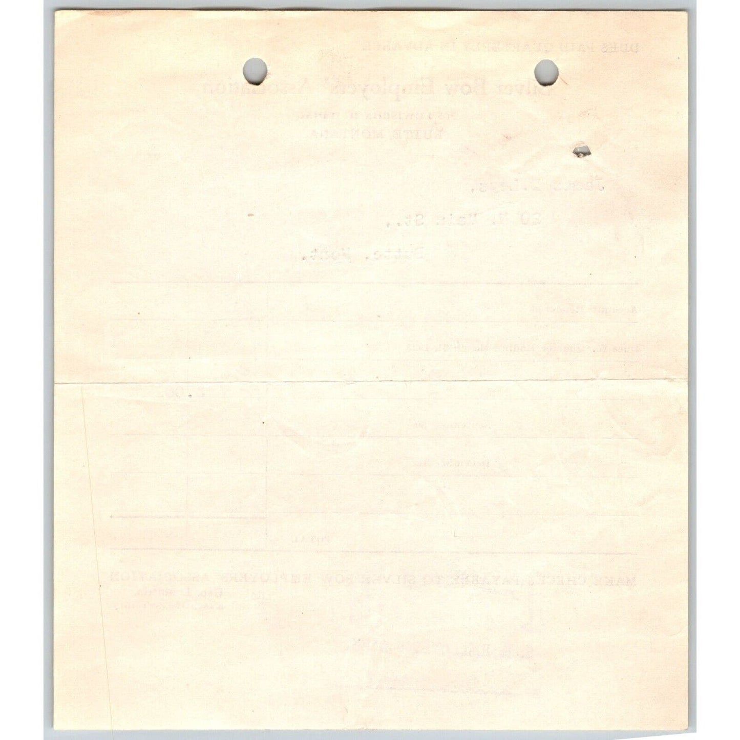 Silver Bow Employers' Association 1925 "Leys" Butte, MT Dues Billhead Receipt