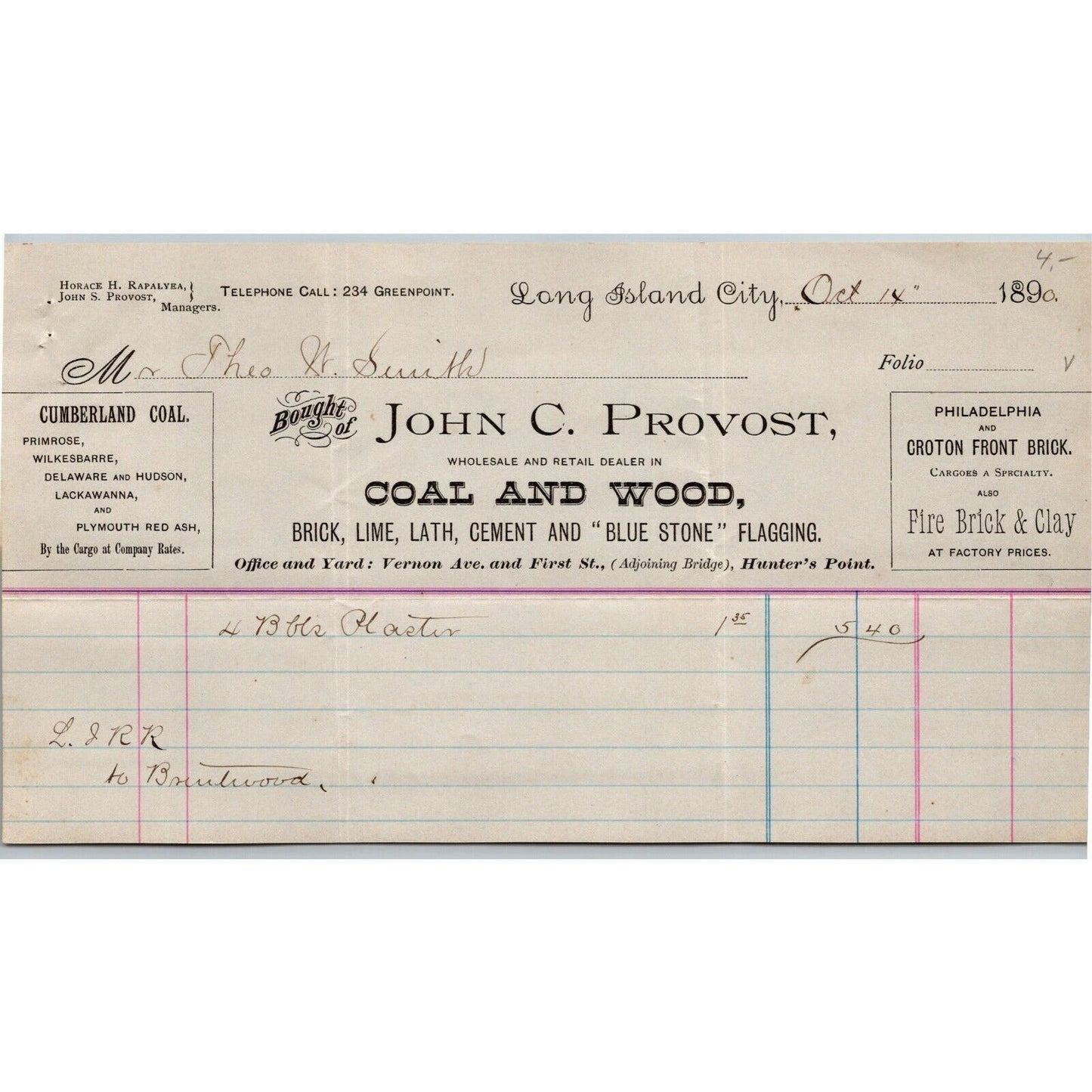 Long Island City, NY c1890 Letterhead John C. Provost Coal and Wood Blue Stone
