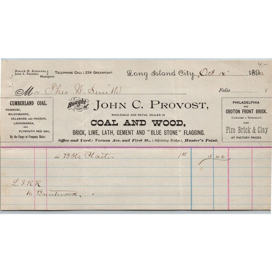 Long Island City, NY c1890 Letterhead John C. Provost Coal and Wood Blue Stone