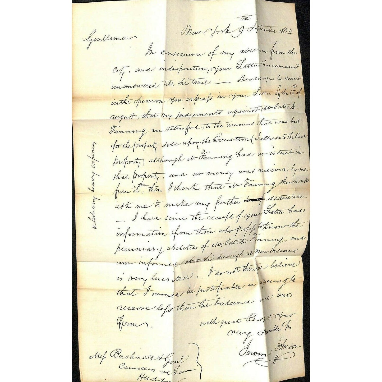1834 New York Letter Cover re: Interest & Payment for Real Property - Document