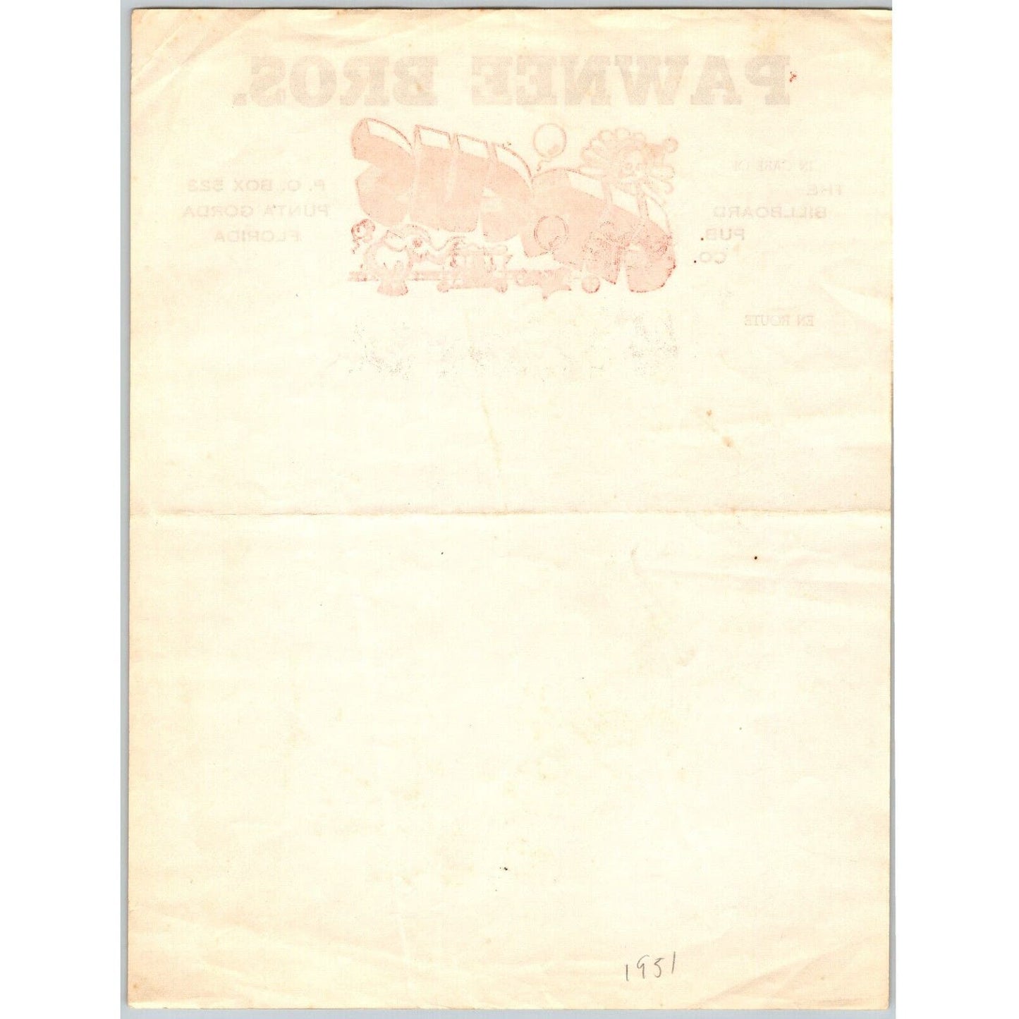 Pawnee Bros. Punta Gorda, FL Circus Letterhead Elephant Clown c1951 Scarce