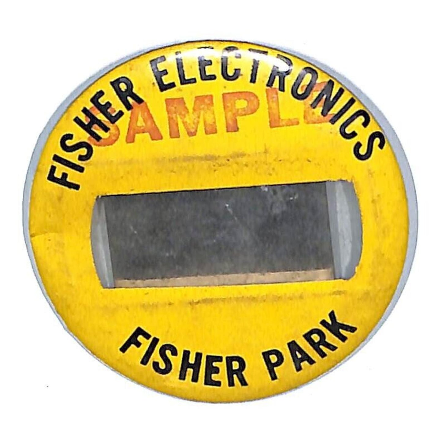 Fisher Electronics Fisher Park SAMPLE Pinback Clip ID Button c1960's