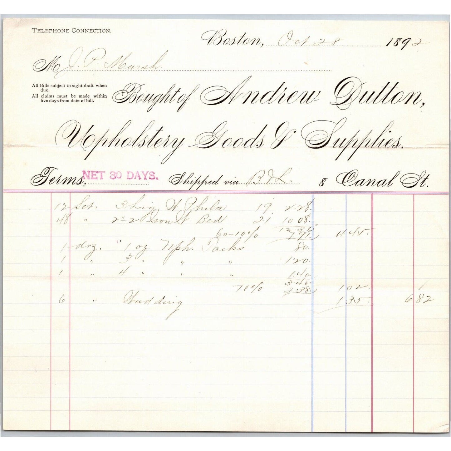 Boston, MA Andrew Dutton Upholstery Goods 1892 Billhead JP Marsh Bethel, VT