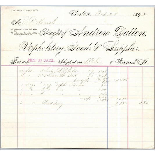 Boston, MA Andrew Dutton Upholstery Goods 1892 Billhead JP Marsh Bethel, VT