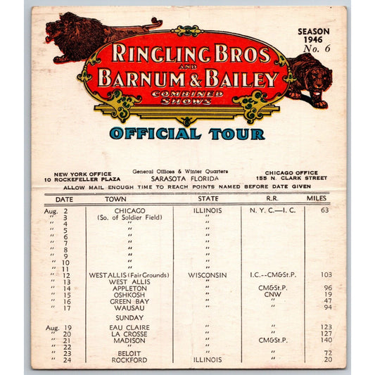 1946 Ringling Bros Barnum Bailey Circus Route Card Chicago Green Bay Rockford