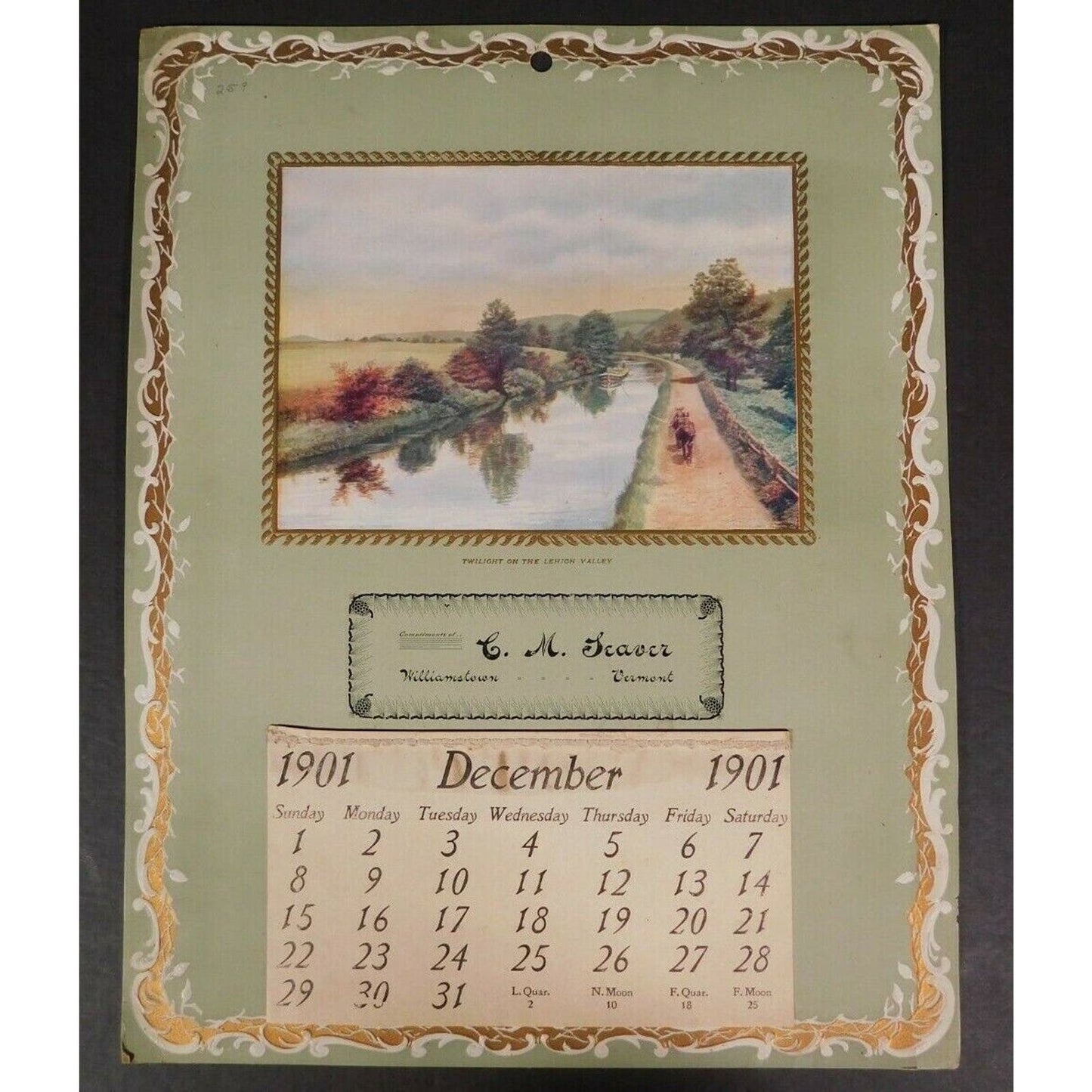 C. M. Seaver 1901 "Twilight On The Lehigh Valley" Calendar Williamstown Vermont