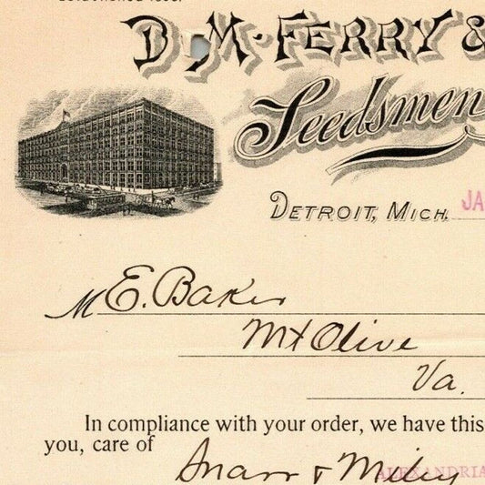 1900 Letterhead Billhead D.M. Ferry Seeds Seedsmen Detroit - Ephraim Baker*