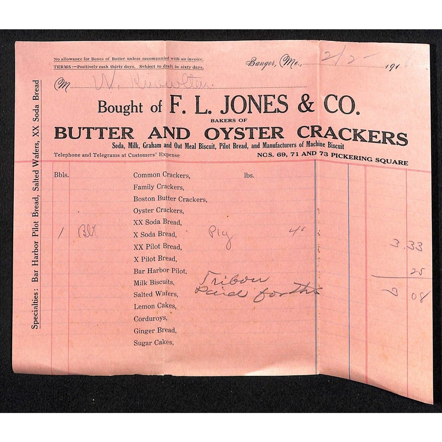 Newburgh, ME Amos W. Knowlton* 1916 Bangor F.L. Jones & Co. Oyster Crackers Bill