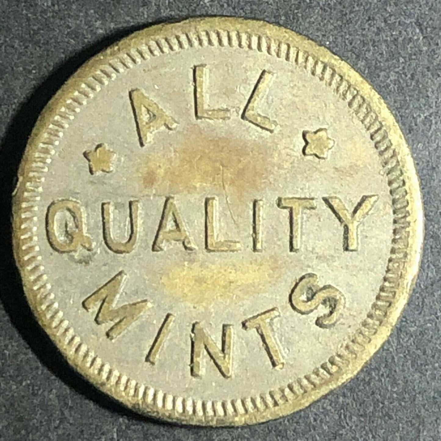 Vintage 21mm Brass "All Quality Mints - G/F 5c Package of Mints" Token