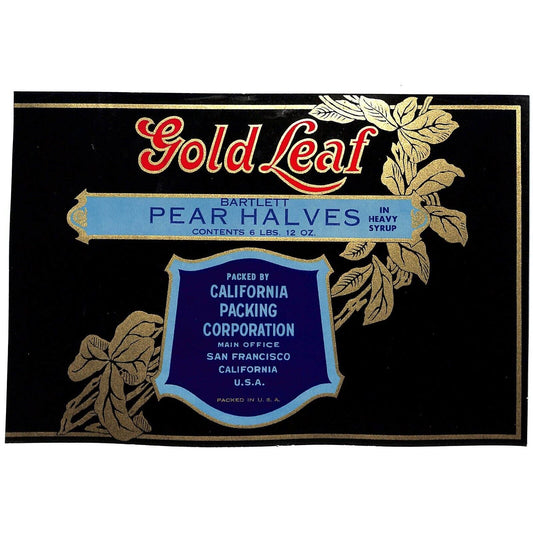 1940 Paper Can Label Gold Leaf Brand Pear Halves 6 Lbs.12 Oz. - VGC - Scarce