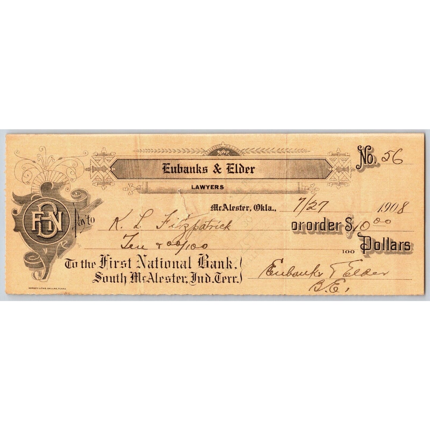 McAlester, OK Indian Territory* 1908 Eubanks & Elder FNB Check Scarce
