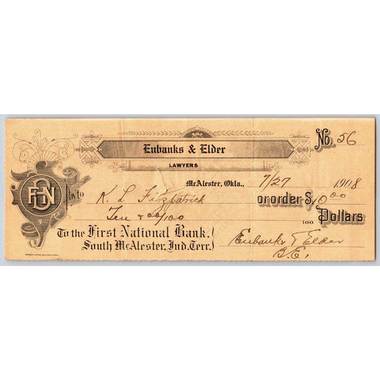 McAlester, OK Indian Territory* 1908 Eubanks & Elder FNB Check Scarce