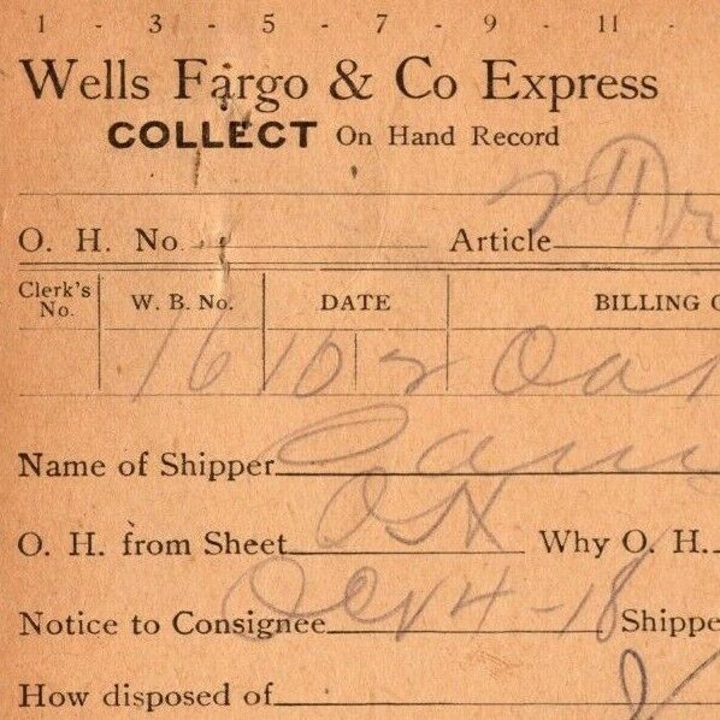 1918 Wells Fargo & Co Express - Manila "Collect - On Hand Record" Card