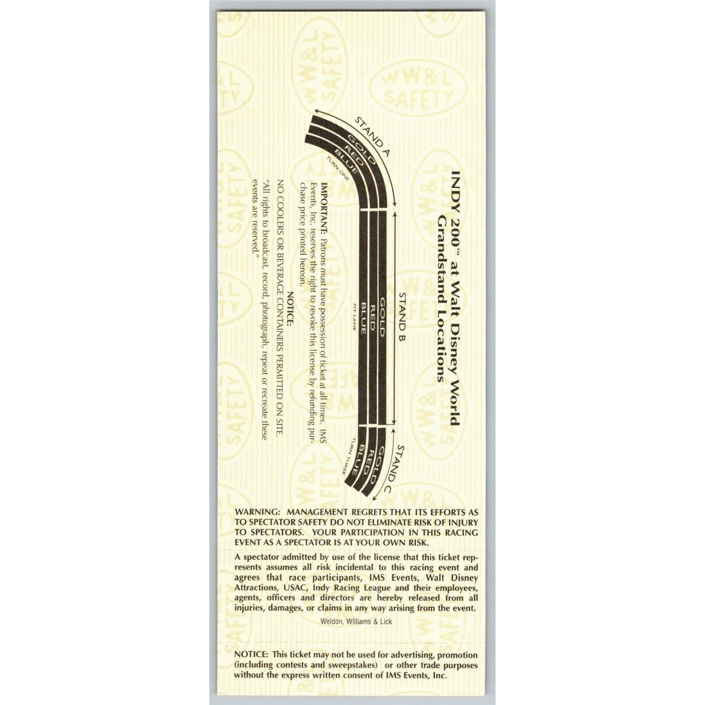 1997 Indy 200 Walt Disney World Thursday 1/23 Practice Unused Ticket - Seat 16