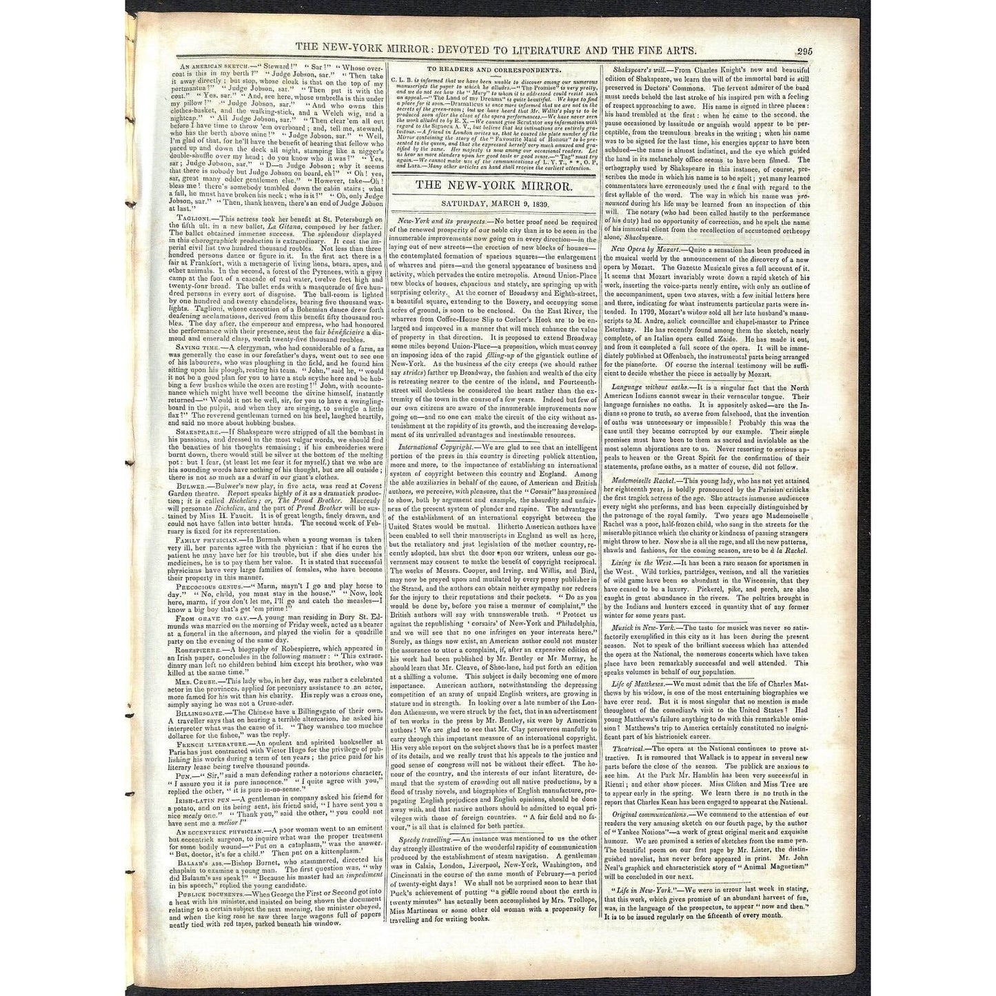 New-York Mirror Weekly Journal Literature Fine Arts Newspaper 3/9/1839