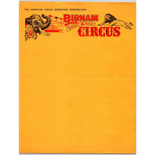 Birnam Bros. Great 3 Ring Circus Letterhead 1965 Elephant Lion Scarce