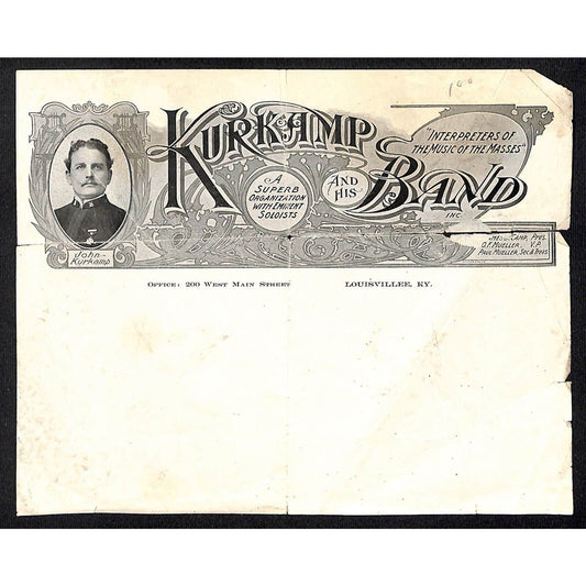 Kurkamp and His Band Circus Letterhead Louisville, KY c1903 Very Scarce