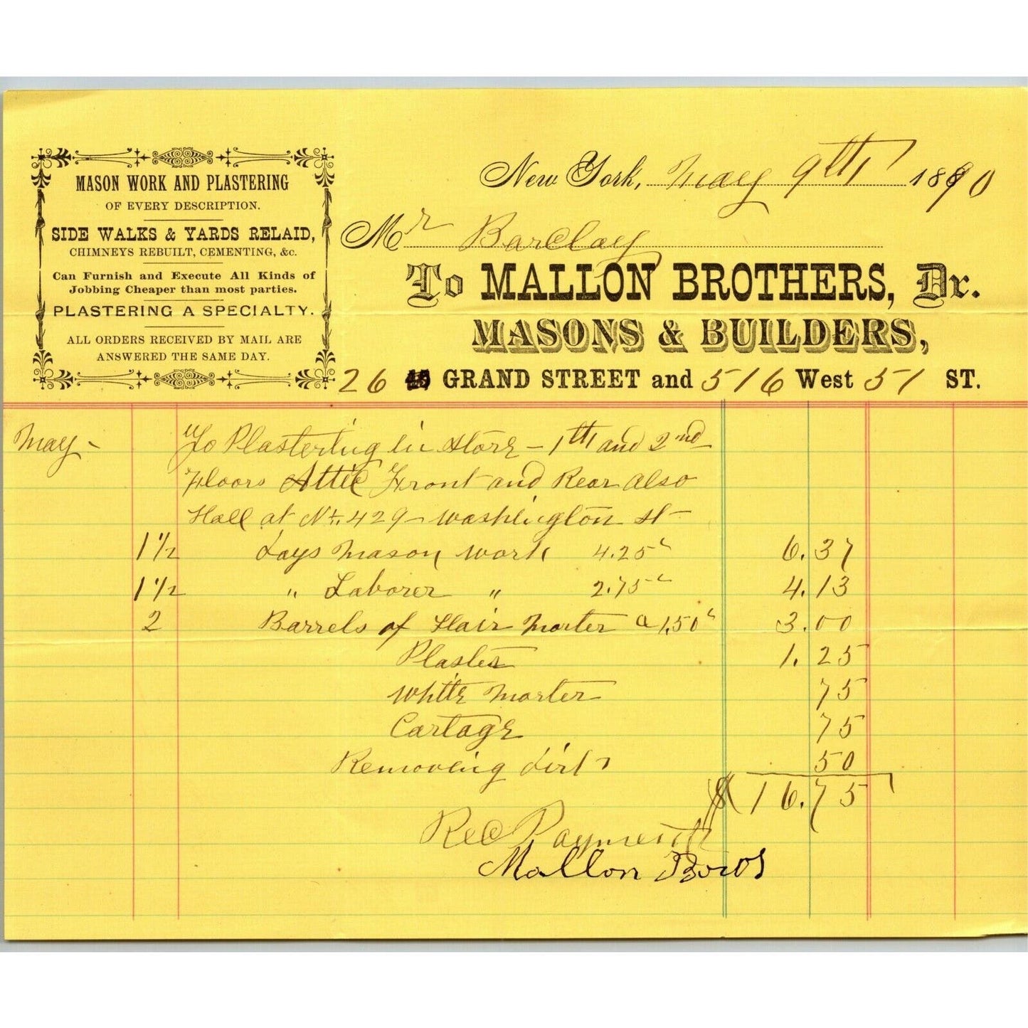 1890 Mallon Brothers Masons Letterhead Billhead Grand St & W 51st St NYC