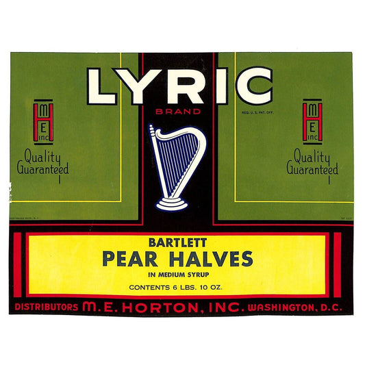 1940 Paper Can Label Lyric Brand Bartlett Pear Halves w/ Lyre - Scarce