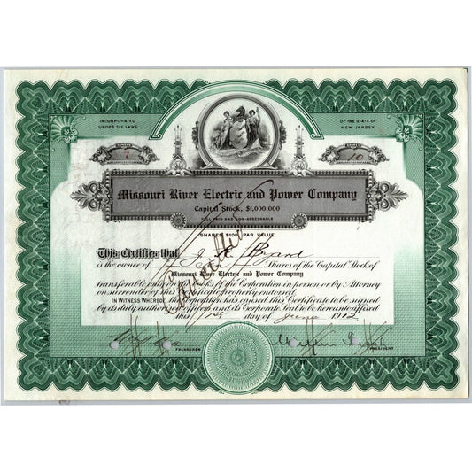 Missouri River Electric and Power 1912 Stock Certificate - 10 Shares Cert #7 VGC