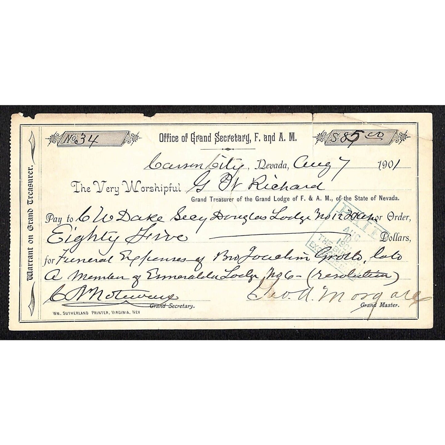 Grand Lodge of F & A M Carson City, NV 1901 Bank Check for Funeral Expenses