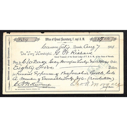 Grand Lodge of F & A M Carson City, NV 1901 Bank Check for Funeral Expenses