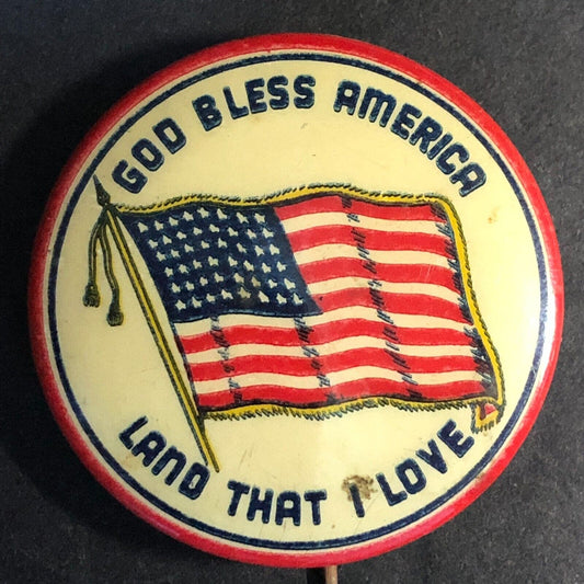 WWI Era "God Bless America" Celluloid Steel Pinback Button w/ Flag VGC Scarce