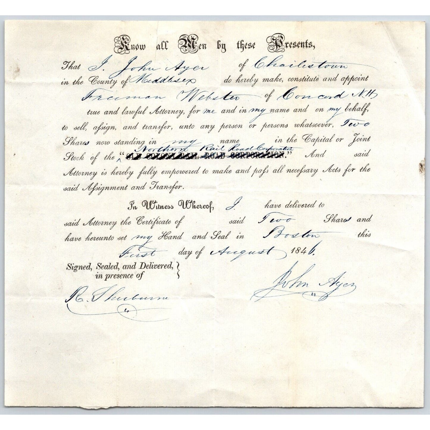 1846 Legal Document Power of Atty re: Northern Railroad Stock John Ayer